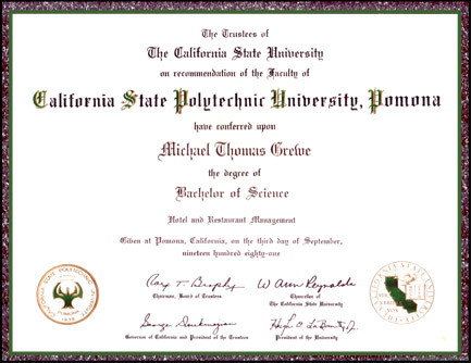 Click on California Polytechnic University, Pomona, Dipolma to Return to the Education / Achievements web page